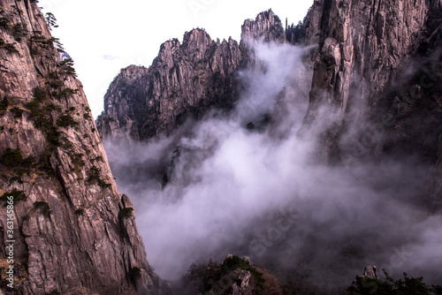 Wonderful and curious sea of clouds and beautiful Huangshan mountain landscape in China. 