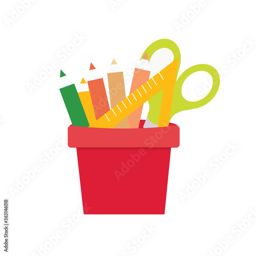 Back to school. School supplies ruler, scissors, pencils in a glass or pot. Vector illustration in a flat style on a white background.