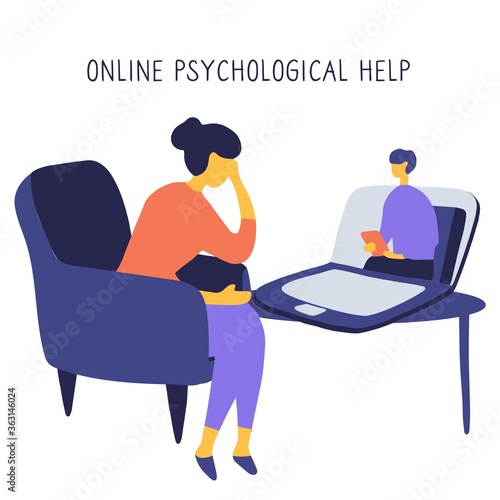 Internet psychologist. Patient discusses problems online with therapist. Mental health adviser leads reception video call. Psychologist coach holds an online session on the internet. Vector
