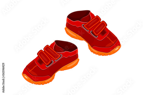 Pair red shoes isolated on white background. Two children or young adult red sneakers with velcro and orange sole. Sport boots. Logo or symbol of childrens shoes. Icon for shoes shop. Stock vector © kajani