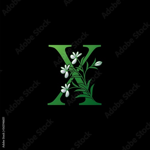 Green Nature Flower Initial Letter X logo icon, vector letter with ornate flower and natural leaf clip art design