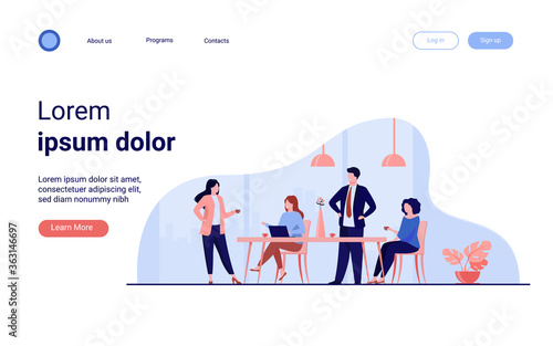 Employees meeting in office kitchen and drinking coffee. Team of workers talking during coffee break. Vector illustration for teamwork, lunch, corporate communication concept