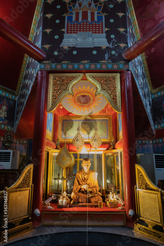 Bangkok,Thailand- 5 July 2020 :Wat Intharawihan or Wat Intharavihan is a Third Class Royal Wat located in the Phra Nakhon District of Bangkok, Thailand. It is noted for its 32 metres high standing. © Arucha