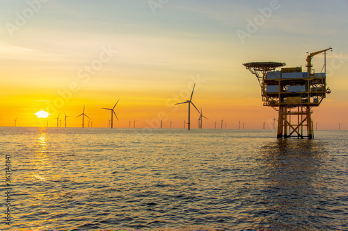 Beautiful sunset at the North Sea offshore wind farm