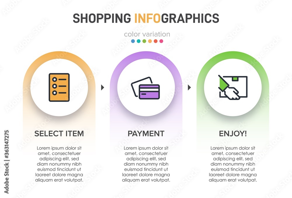 Concept of shopping process with 3 successive steps. Three colorful graphic elements. Timeline design for brochure, presentation, web site. Infographic design layout.