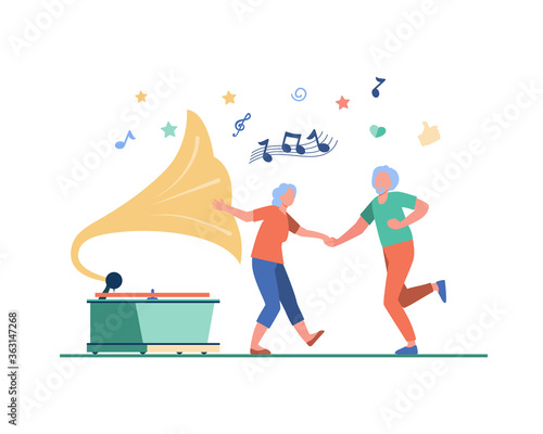 Happy old people dancing isolated flat vector illustration. Cartoon funny active elderly couple having fun together. Party, lifestyle and entertainment concept