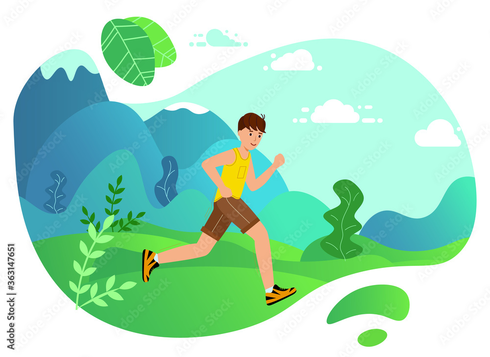 Young man running marathon. landing page. Boy Running fast with forest, nature background. cartoon character. Vector illustration in modern flat style.