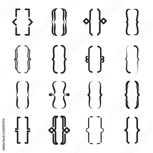 Different curly brackets icon set. Vintage braces, modern lines, ornament shapes vector illustration collection. Typography and type design concept