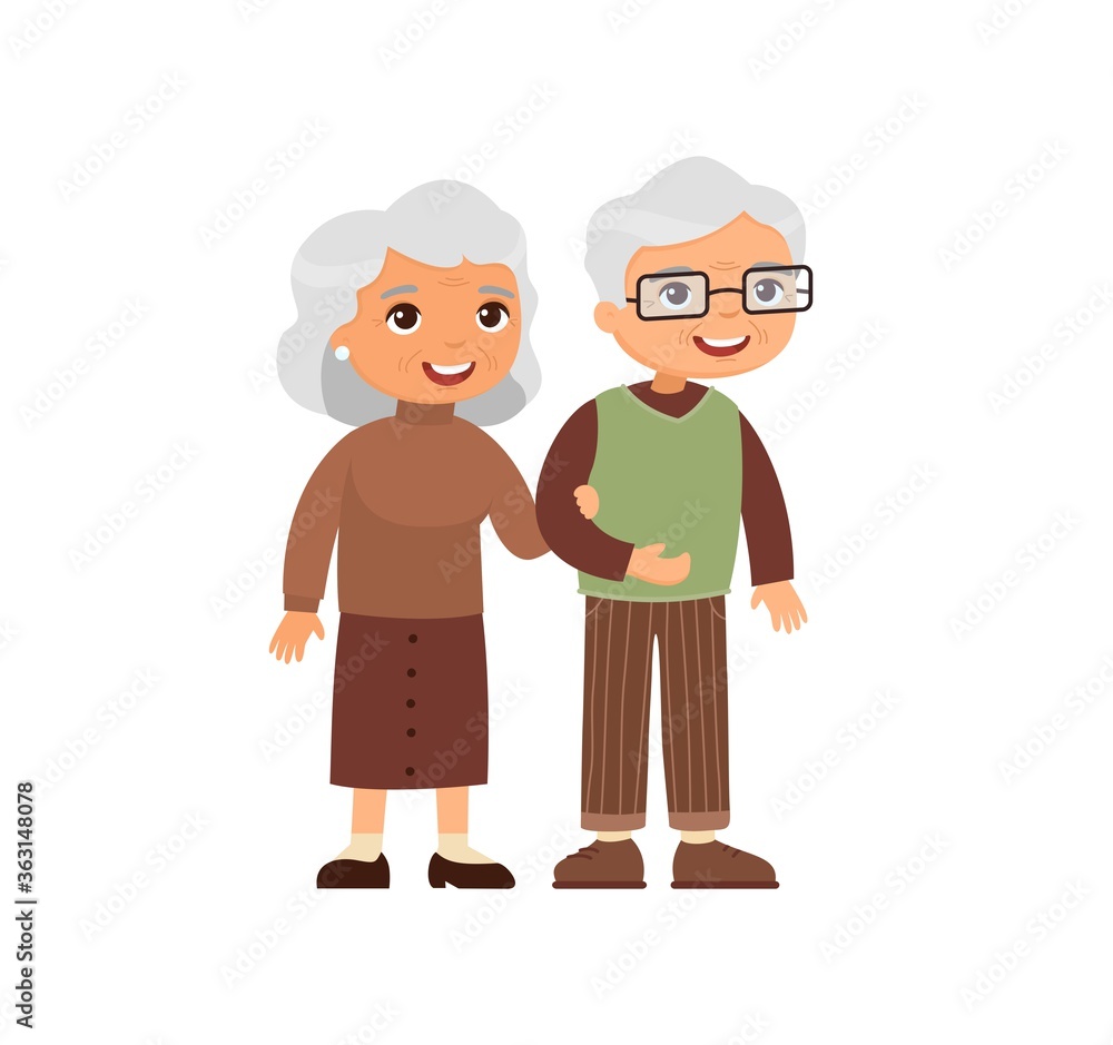 Old caucasian couple. Senior couple smiling and walking together. Elderly woman holds arm of elderly man. Happy married life concept. Vector illustration Old caucasian couple. Senior couple smiling and walking together. Elderly woman holds arm of elderly man. Happy married life concept. Vector illustration