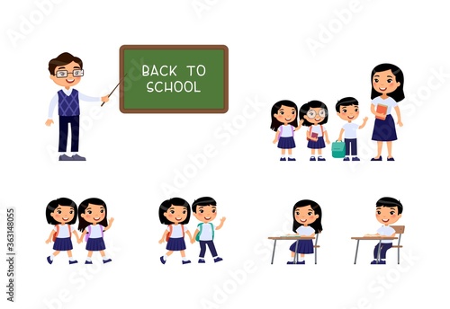 Asian schoolchildren and teachers. Cheerful classmates standing near blackboard. Children go to school, sit at  schooldesk. Greeting on school chalkboard. The concept of back to school. Cartoon
