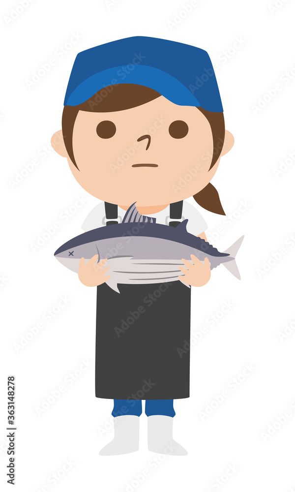 カツオを持っている女性の魚屋さんのイラスト。
