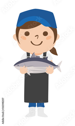 笑顔でカツオを持っている女性の魚屋さんのイラスト。