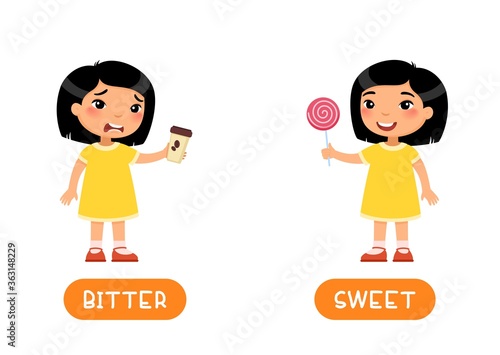 Taste concept, BITTER and SWEET. Educational word card with opposites vector template. Foreign language flash card with cute asian girl. Child with ice cream and coffee flat illustration 