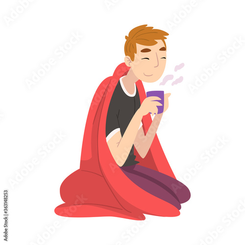 Guy Sitting Under Plaid Enjoying Hot Drink Mug, Man Drinking Beverage Wrapped in Red Blanket Vector Illustration