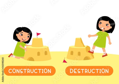 Opposites concept, CONSTRUCTION and DESTRUCTION. English language educational flash card vector template. Word card with antonims. Little asian girl build and ruining sand castle flat illustration 