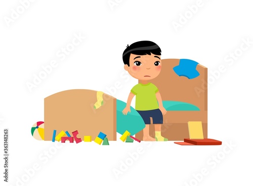 Upset kid in messy bedroom flat vector illustration. Little asian boy in dirty apartment cartoon character. Unhappy child in unkempt room isolated on white background. House chores, cleanup