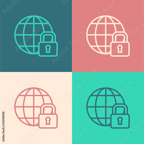 Pop art line Global lockdown - locked globe icon isolated on color background. Vector.