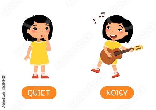 NOISY and QUIET Illustration of opposites. Little asian girl splaying guitar and the girl is silent. Card for teaching aid, for a foreign language learning. Vector illustration on white background