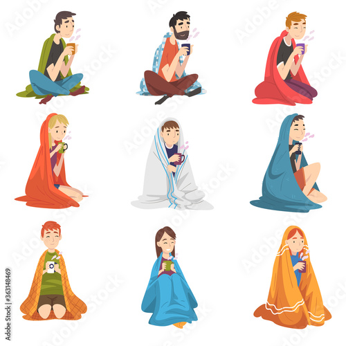 People Sitting Under Cozy Plaids Enjoying Hot Drink Mug Collection, Girls and Guys Drinking Beverage Wrapped in Blankets Vector Illustration