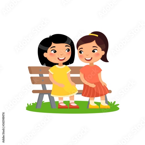 Two little asian girls are sitting on bench. Girlfriends are talking. The concept of friendship and secrets. Children cartoon characters isolated on white background.