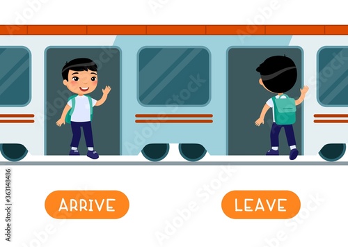 Antonyms concept, ARRIVE and LEAVE. Educational word card with opposites.  Flash card for English studying. Schoollboy getting off train, entering train. Train arrival, departure. Flat vector photo