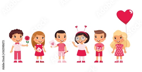 Little boys and girls dating, celebrating Valentines Day flat vector illustration. Young girlfriends and boyfriends isolated cartoon characters set. Children with February 14 presents