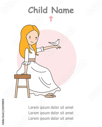Invitation my first communion girl. Little girl with white dove. Isolated vector	