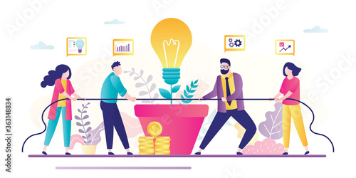 Business competition concept banner. Two groups of business people pull rope. Team building, brainstorming, business persons working together.