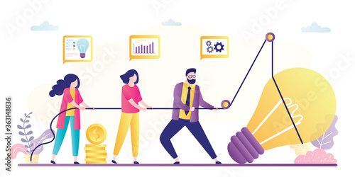 Business team with rope raise idea bulb. Innovation and creativity in business. Office people working together. Teamwork and brainstorming