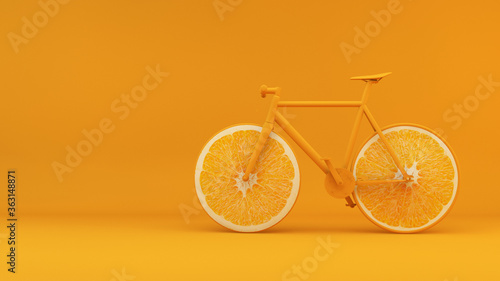 Health concept bike with orange wheels 3d rendering background