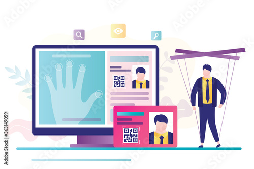 Fingerprints on the screen, digital id passport with qr code. Total digital control over people, male character puppet.