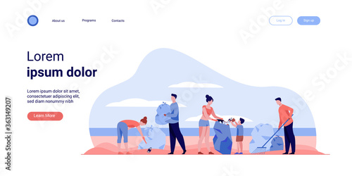 Eco volunteers cleaning sea or ocean beach from garbage. People, family with child collecting trash and sorting waste outdoors. Vector illustration for ecology, planet, nature