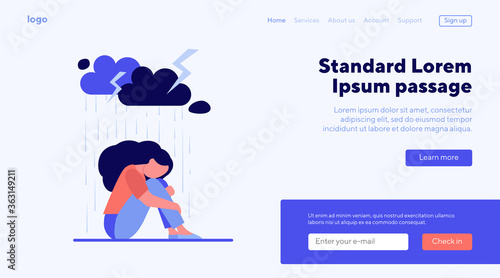 Young lonely girl sitting under storm cloud isolated flat vector illustration. Cartoon unhappy woman crying because of problems. Depression and mental disorder concept