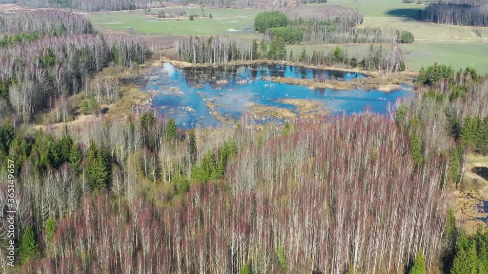 Aerial shot flying towards lake between forest and fields Aerial shot flying towards lake between forest and fields