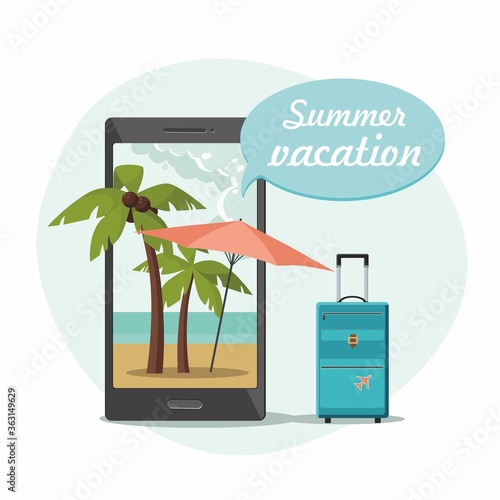 Tropical beach with palms, umbrella on phone and travel suitcase. Summer vacation. Online booking concept