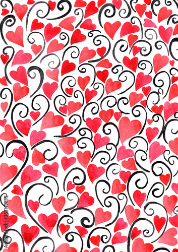 Red heart and black ivy watercolor hand painting background for decoration on Valentine's day and wedding events.