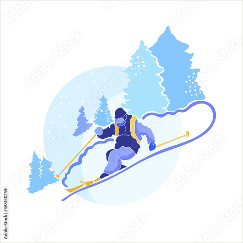 Vector illustration of a ski resort concept. Illustration in winter color combination of a skier going down the mountain.