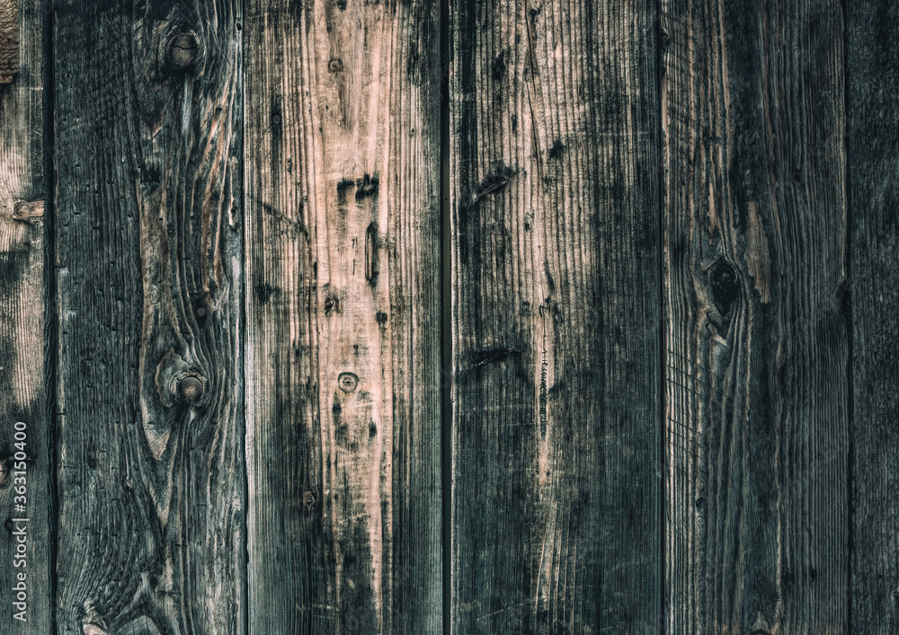 Texture of an old weathered wooden board with peeling paint. Vintage rough grunge background	