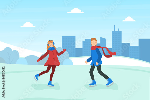 Smiling Boy and Girl Dressed in Warm Clothing Skating on Rink, Winter Sports Outdoor Activity Vector Illustration