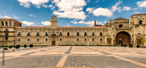 Panoramic view of San Marcos square and historic convent in the city of Leon, Spain; selective focus. photo