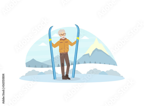 Cheerful Senior Man Dressed in Warm Clothing Standing and Holding Skis, Winter Sports Outdoor Activity Vector Illustration
