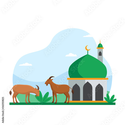 Eid Al Adha islamic holiday the sacrifice of livestock animal poster background design. Goat at mosque courtyard for qurban vector illustration