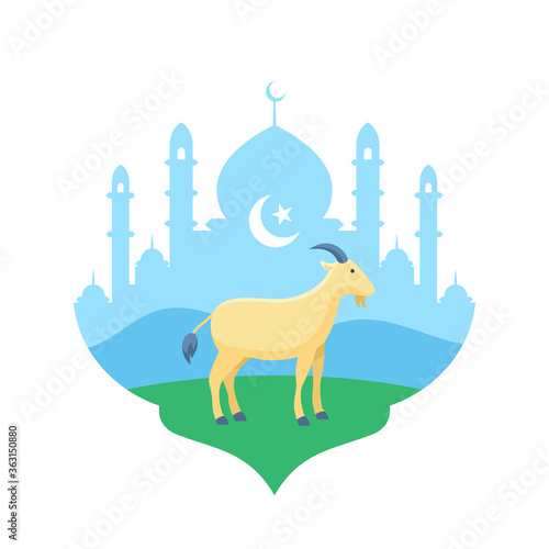 Goat at mosque courtyard vector flat illustration for Eid Al Adha the sacrifice of livestock animal muslim holiday poster background design