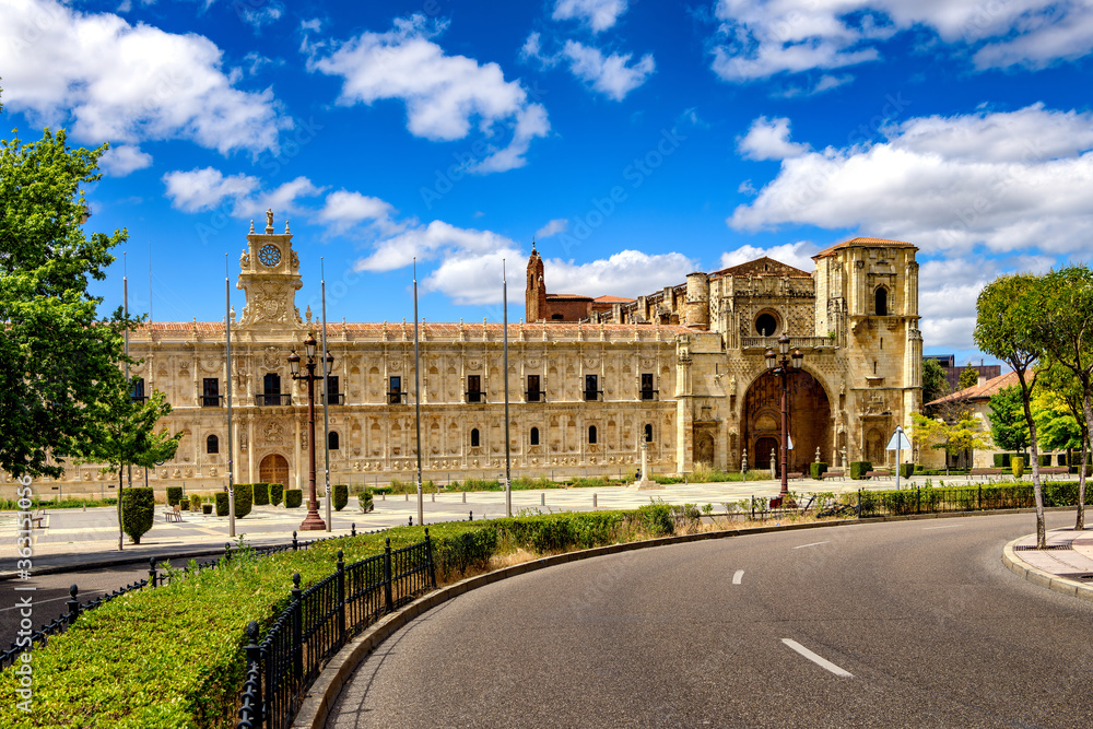 View of historic San Marcos convent and church in the city of Leon, Spain.