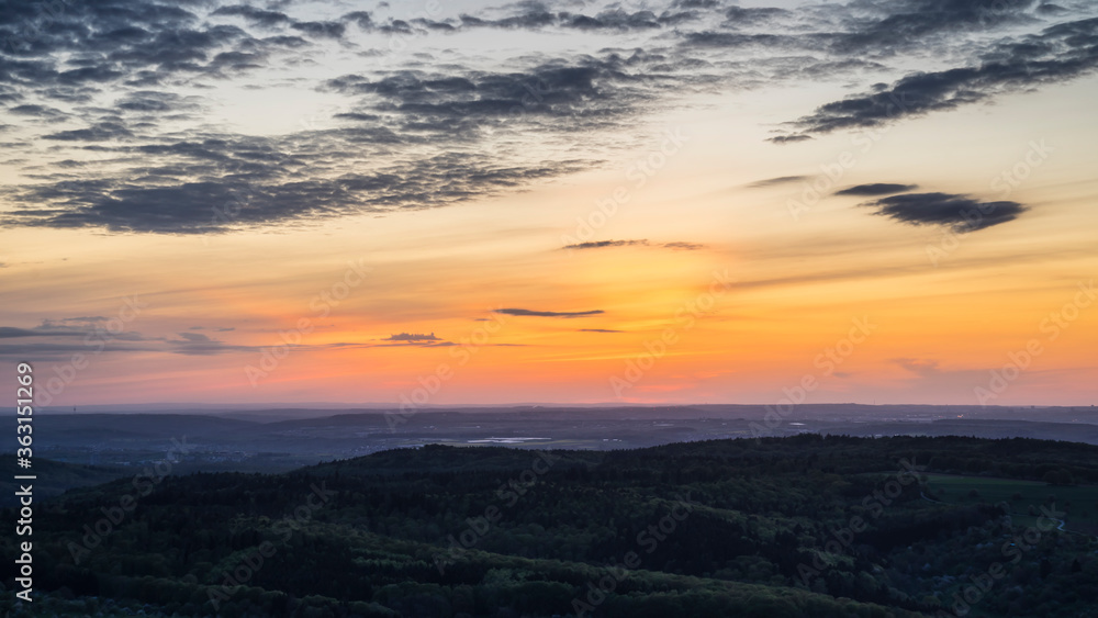Obraz premium Germany, Aerial scenic view above valley of swabian alb or swabian jura with romantic orange sunset