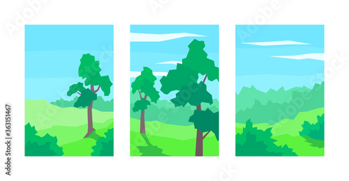 vector illustration, set of abstract landscapes, tree, bush, cloud sky, forest