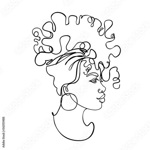 Abstract portrait of young African American woman. Continuous one line drawing isolated on white. Vector illustration in simple modern style.