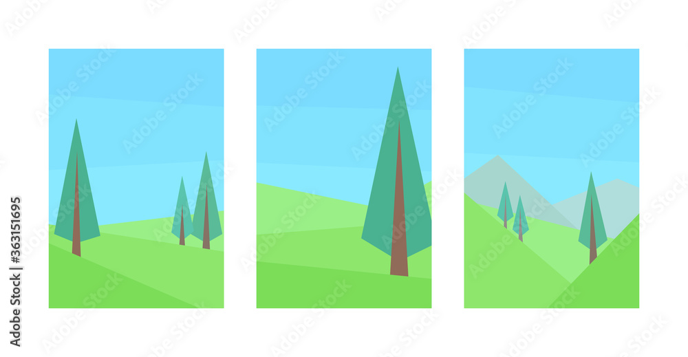 vector illustration, set of abstract geometric landscape, spruce, hill, mountain, clear sky