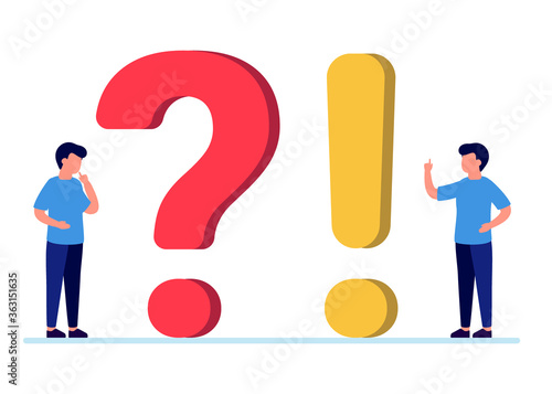 Frequently asked questions, man people with question and exclamation marks. Abstract man ask, need help, answer. Faq concept. Vector illustration