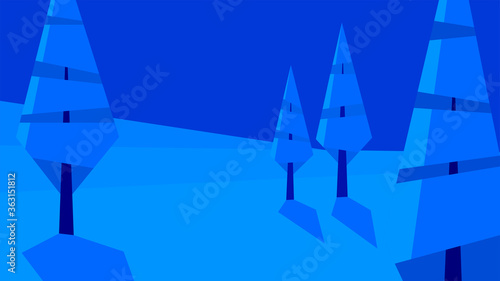 vector illustration, abstract geometric winter landscape, snow, plain, trees, night